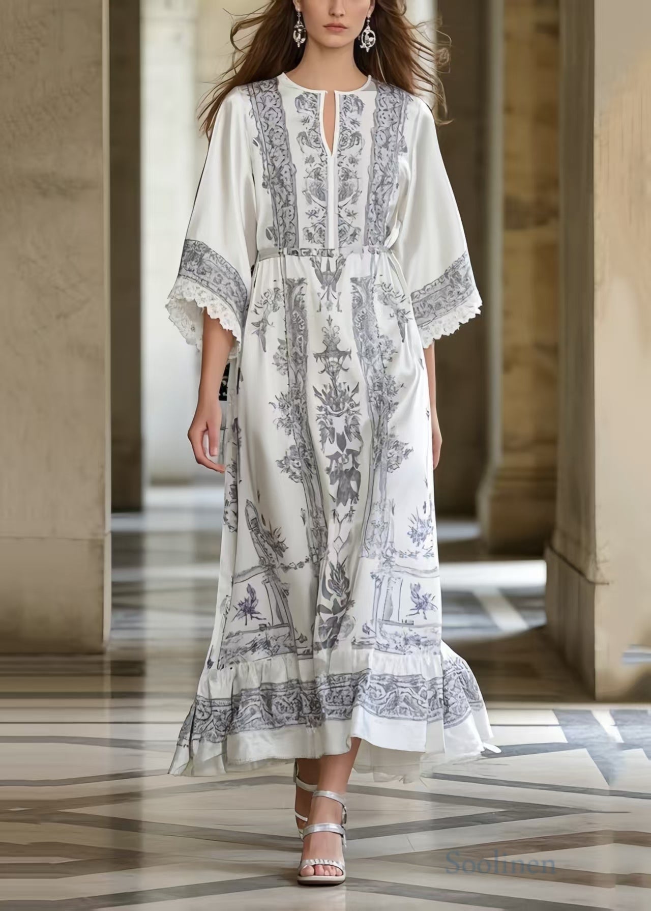 Women's Silk Blend Maxi Dress White Print Bracelet Sleeves - OutfitLondon