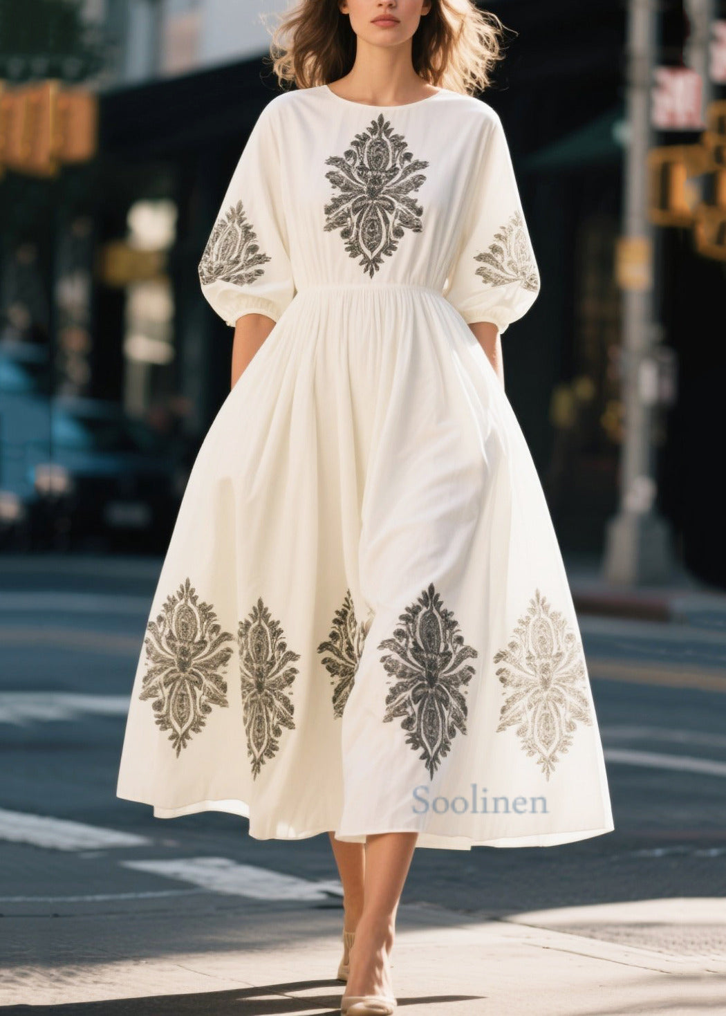 Women's White Cotton Evening Dress Puff Sleeves - OutfitLondon