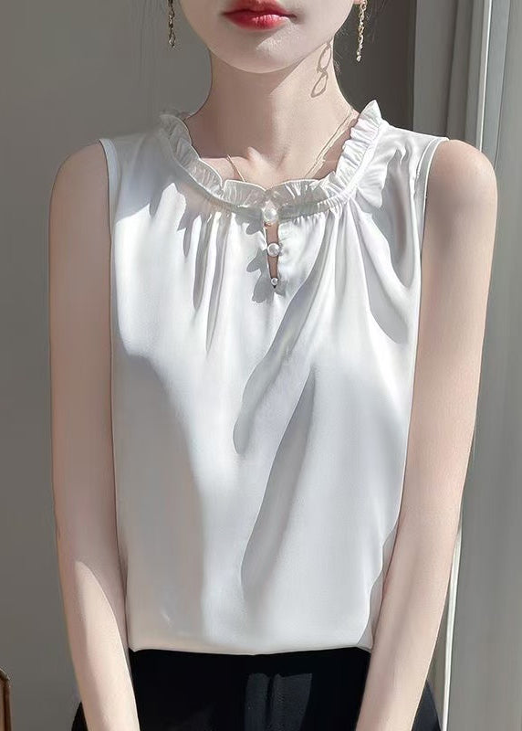 Women's Silk Blend Ruffle Blouse Sleeveless White - OutfitLondon