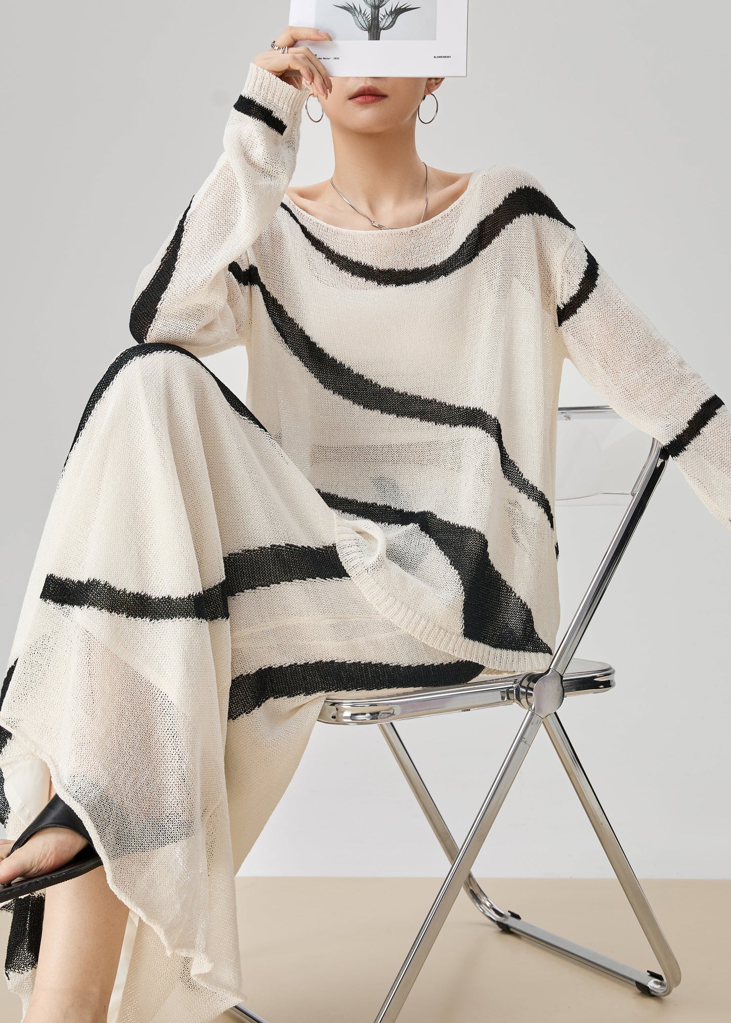 Women's Autumn Knit Two-Piece Set Striped White Cozy - OutfitLondon