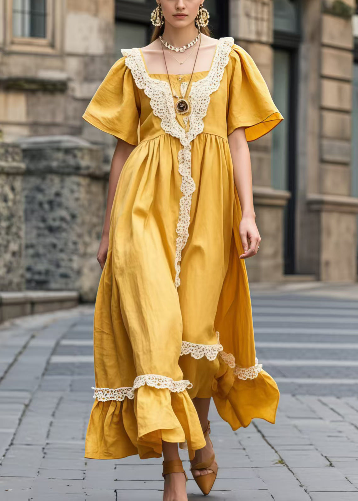 Women's Cotton Blend Maxi Dress Yellow Patchwork Lace - OutfitLondon