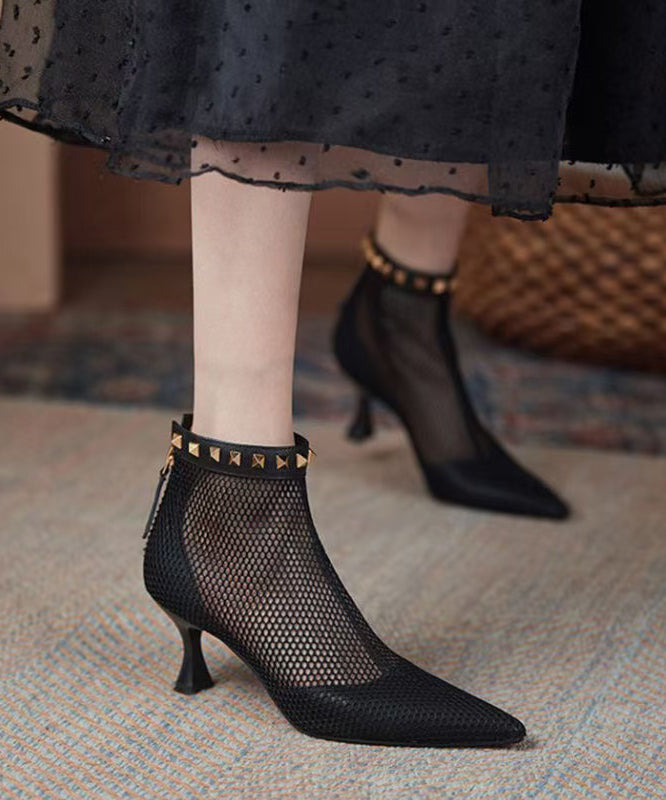 Women's Pointed Toe Mesh Boots Breathable Black - OutfitLondon