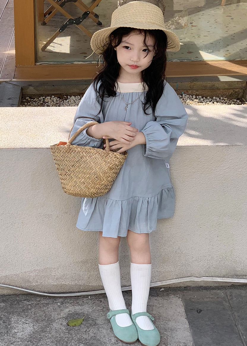 Girls Patchwork Dress Soft Cotton Blue Long Sleeve Round Neck - OutfitLondon