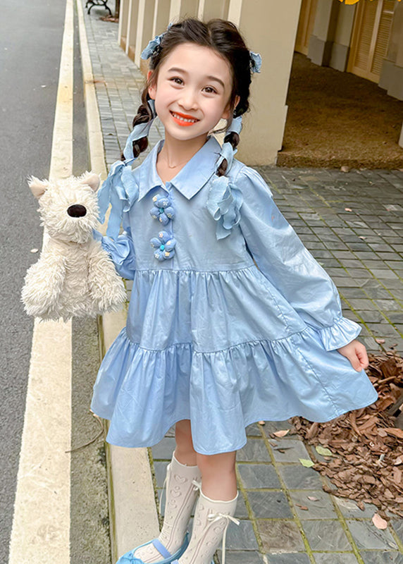 Girls Blue Long Sleeve Dress Peter Pan Collar Floral Patchwork - OutfitLondon