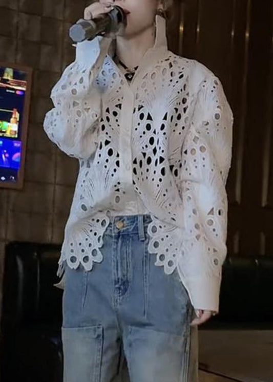Women's Short Sleeve Lace White Peter Pan Collar Blouse Lightweight - OutfitLondon