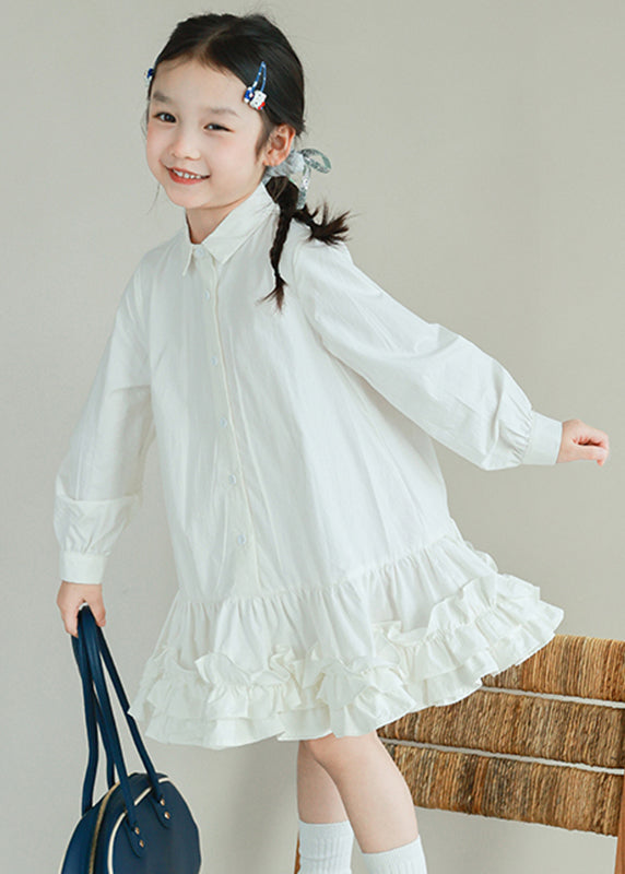 Girls Cotton Shirt Dress White Peter Pan Collar Patchwork Buttons - OutfitLondon
