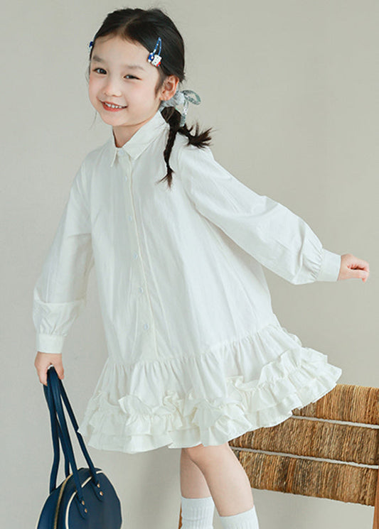 Girls Cotton Shirt Dress White Peter Pan Collar Patchwork Buttons - OutfitLondon
