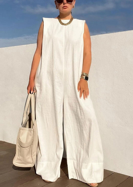 Women's Cotton Blend Jumpsuit Boat Neck White Comfortable - OutfitLondon