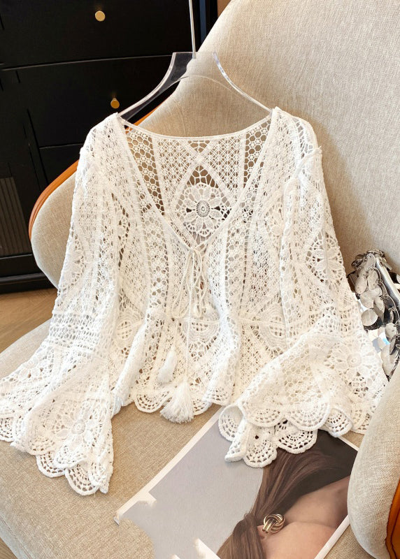 Women's V Neck Lace Blouse White Sheer - OutfitLondon