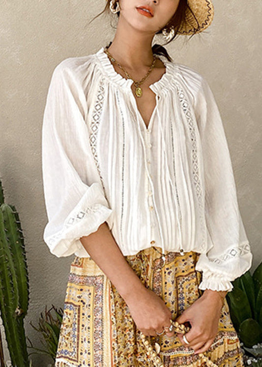 Women's V Neck Cotton Shirt Lantern Sleeves White - OutfitLondon