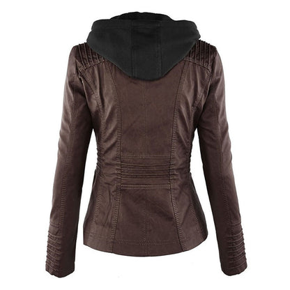 Faux Leather Hooded Women's Coat