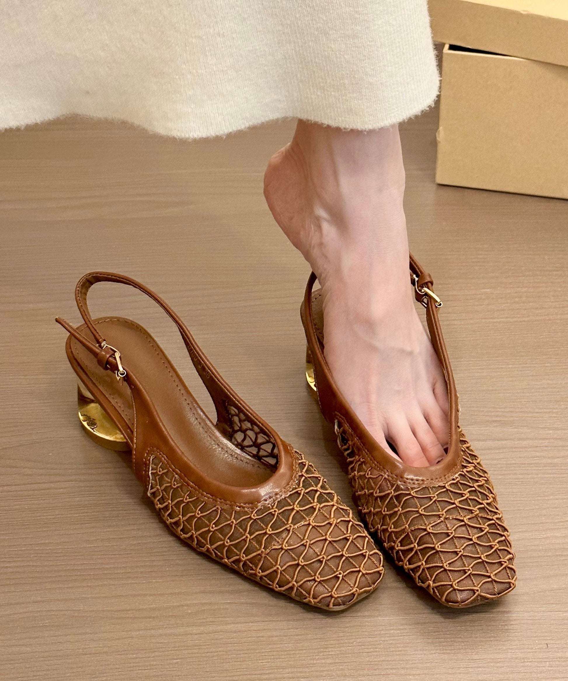 Women's Breathable Mesh Sandals 5cm Heel Brown - OutfitLondon