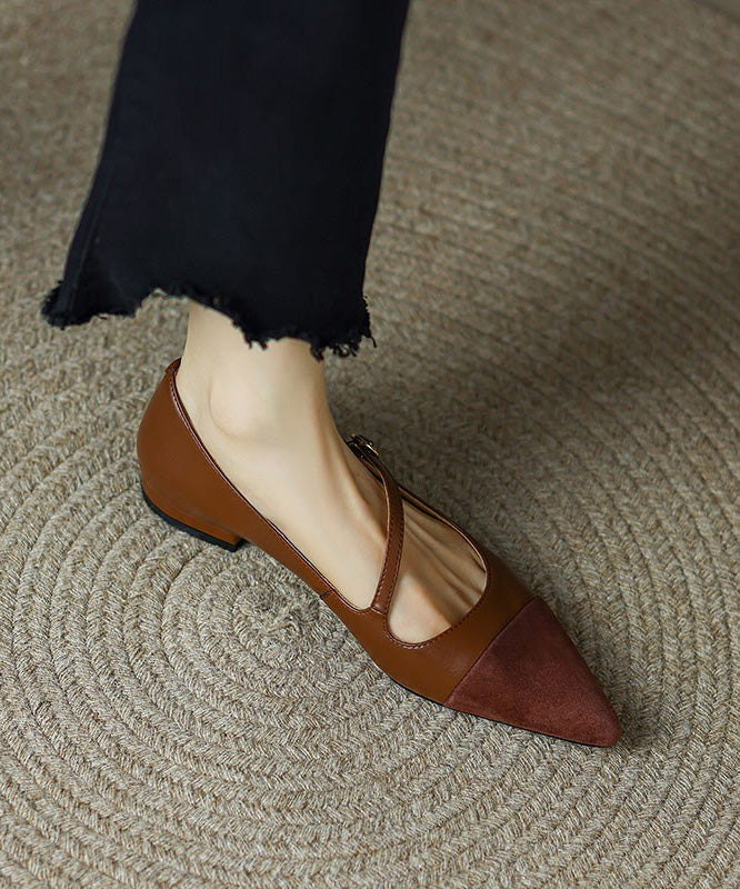 Women's Leather Flats Brown Pointed Toe Calfskin - OutfitLondon