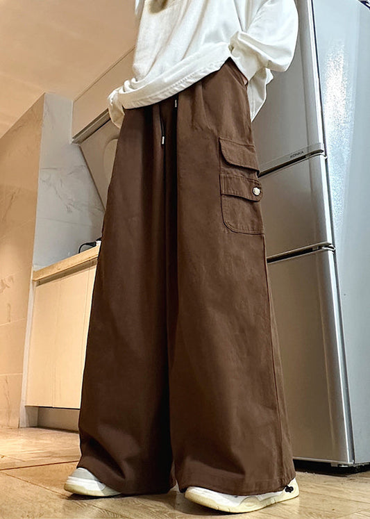 Men's Cotton Wide Leg Pants Elastic Waist Drawstring Relaxed Fit - OutfitLondon