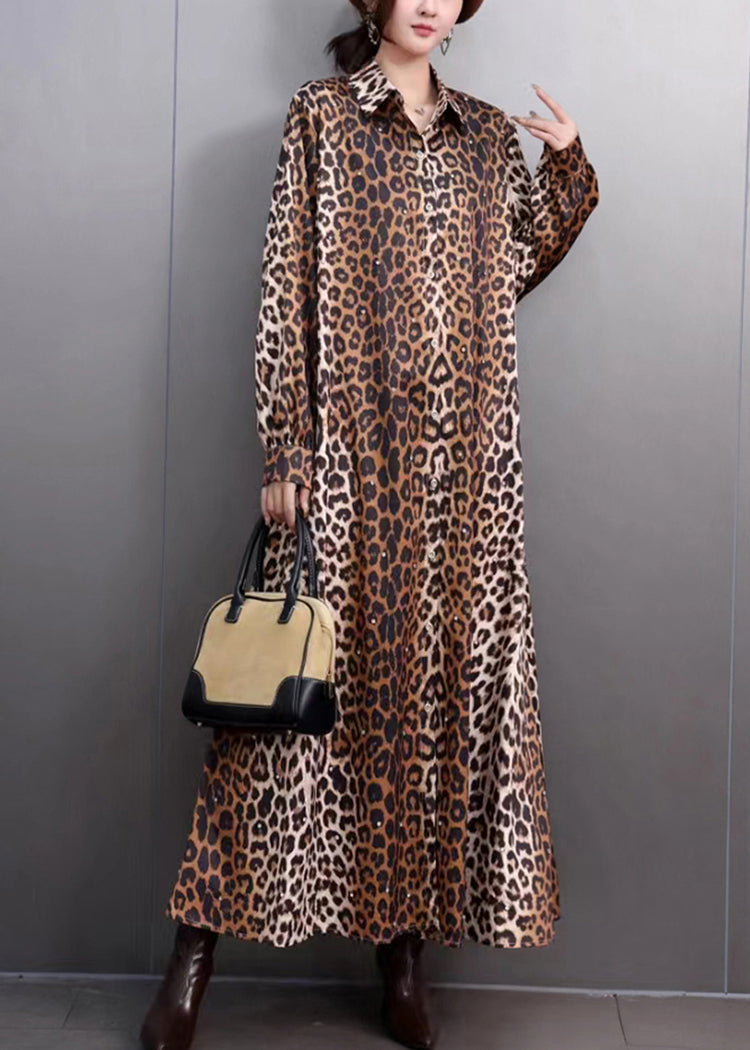 Women's Leopard Print Long Dress Peter Pan Collar Bold - OutfitLondon