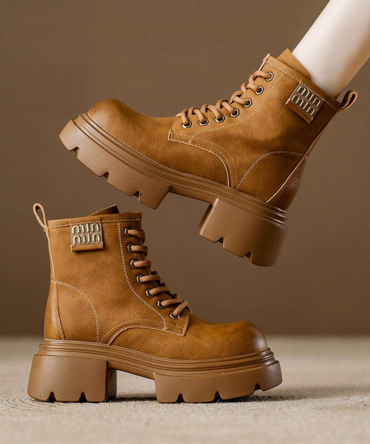 Women's Cowhide Leather Platform Boots Lace Up 5cm Heel - OutfitLondon