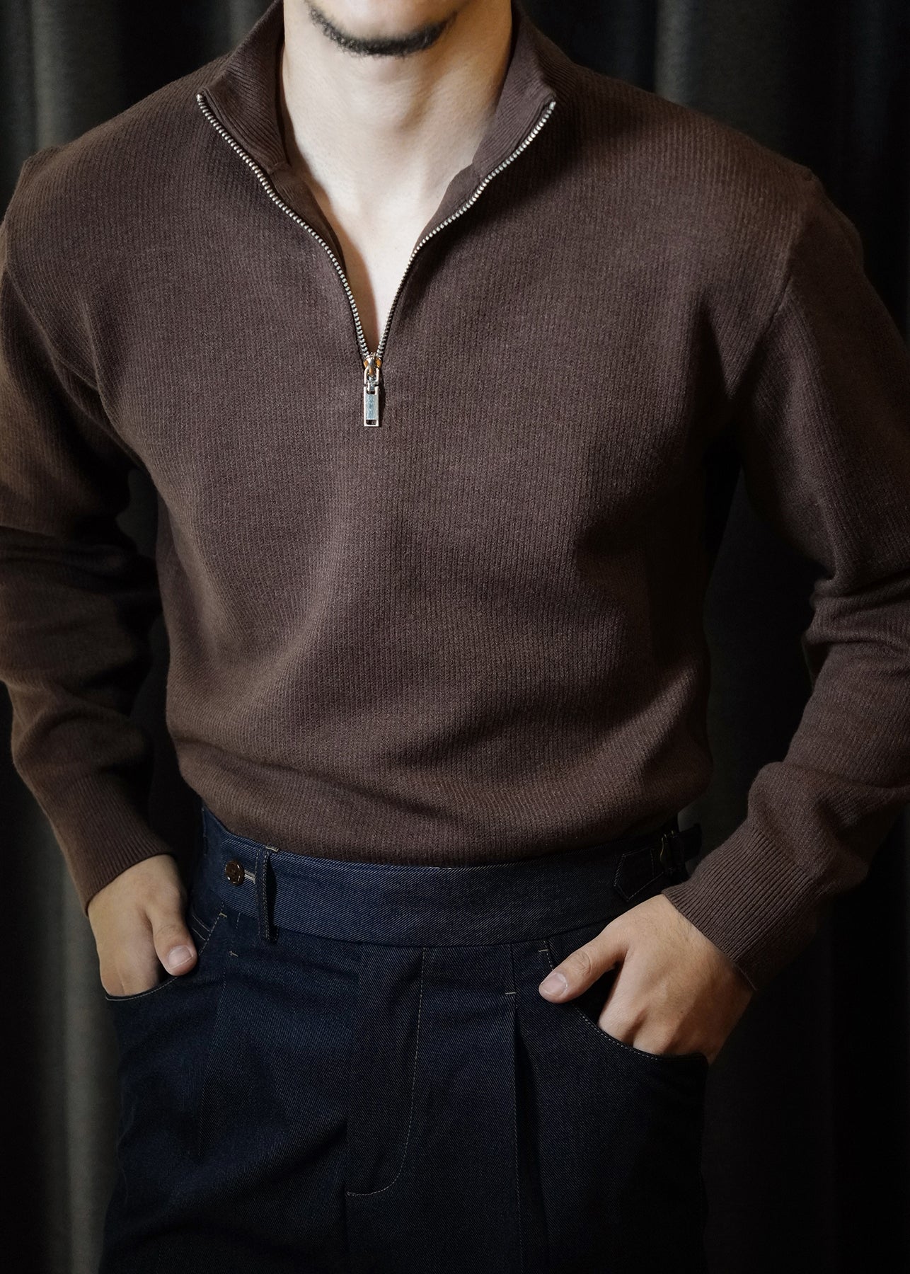 Men's Brown Mid Weight Zip Up Knit Jumper - OutfitLondon
