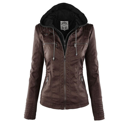 Faux Leather Hooded Women's Coat