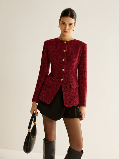 Classic Fit Tweed Button Blazer Jacket - OutfitLondon