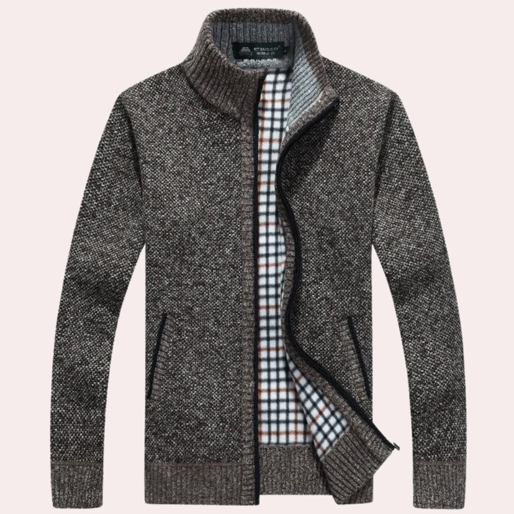 Warm Plaid Lined Zip Up Sweater Cardigan