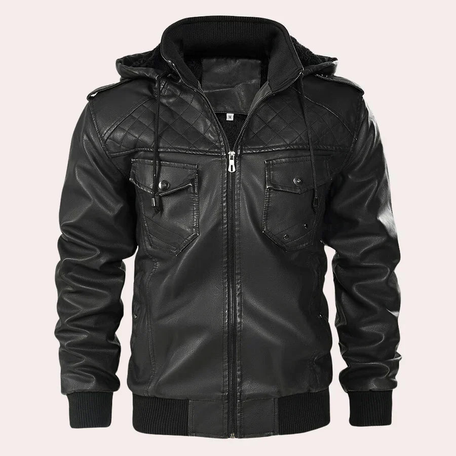 Classic Mens Biker Leather Jacket with Hood - OutfitLondon
