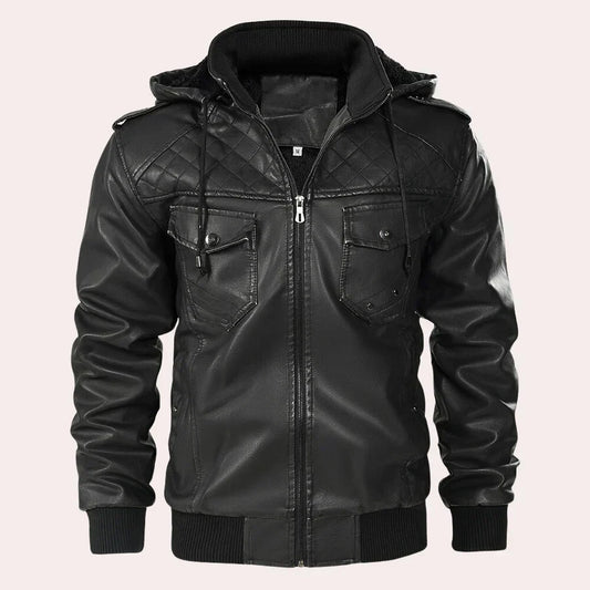 Classic Mens Biker Leather Jacket with Hood - OutfitLondon