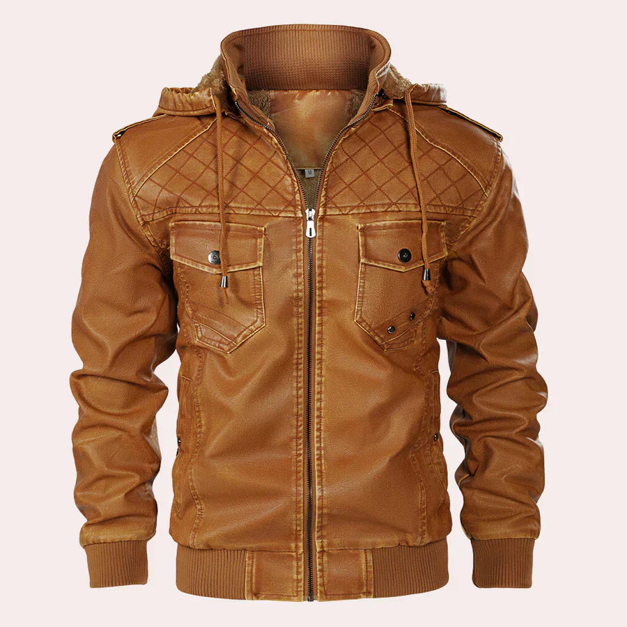 Classic Mens Biker Leather Jacket with Hood