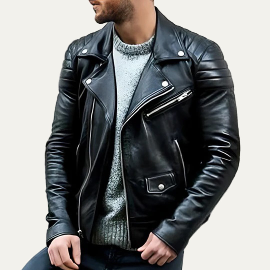Men's Edgy Zipper Leather Biker Jacket - OutfitLondon