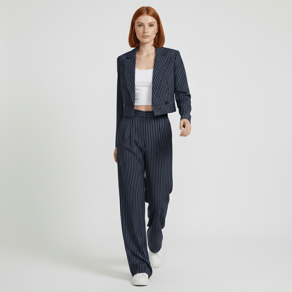 Chic 2 Piece Suit Cropped Jacket and Pinstripe Trousers - OutfitLondon