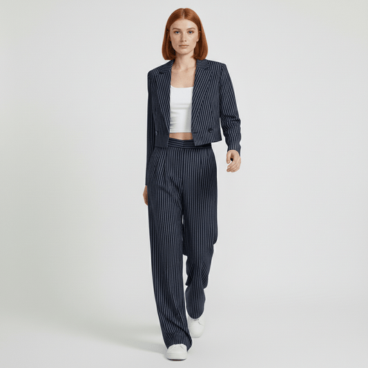 Chic 2 Piece Suit Cropped Jacket and Pinstripe Trousers - OutfitLondon