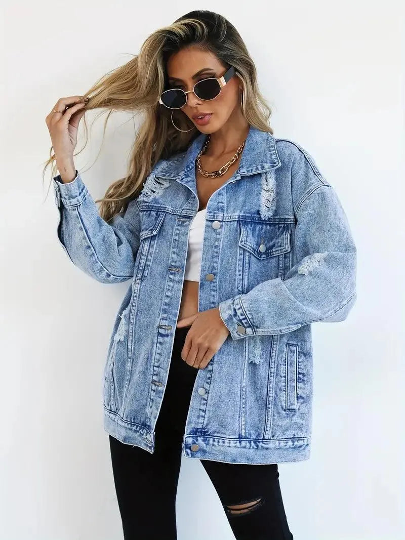 Cozy Oversized Blue Jean Jacket with Fleece Lining - OutfitLondon