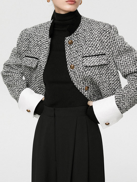 Women's Soft Tweed Patterned Short Work Jacket - OutfitLondon