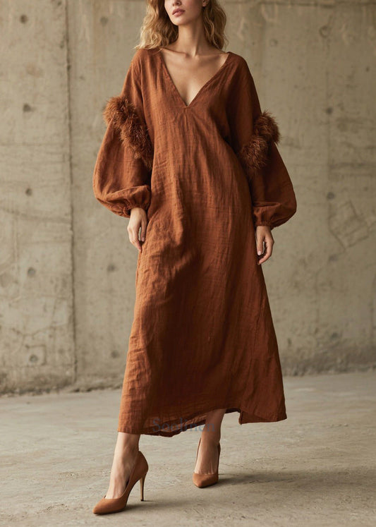 Women's Cotton Maxi Dress Faux Fur Patchwork V Neck Beige - OutfitLondon