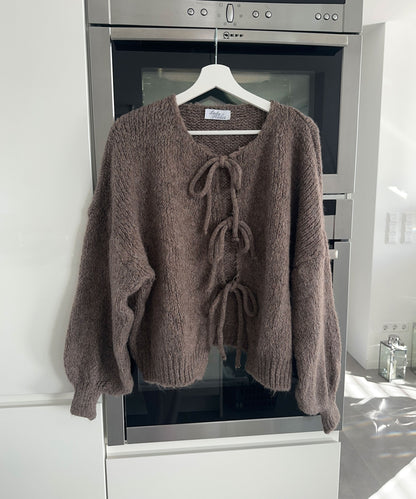 Warm Beige Cardigan with Cute Bow Accent