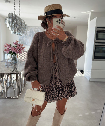 Warm Beige Cardigan with Cute Bow Accent