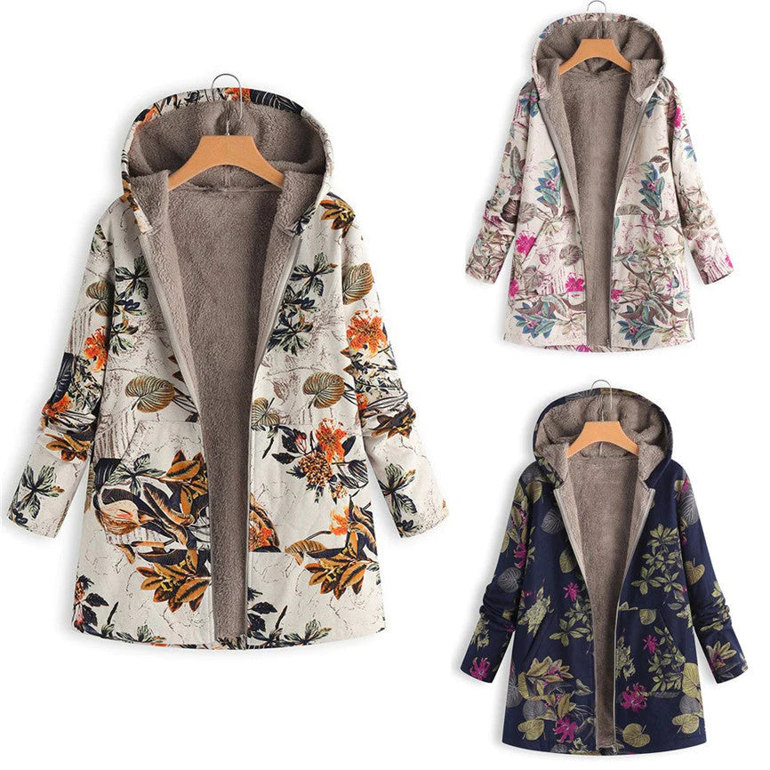 Women's Winter Floral Parka Coat With Hood