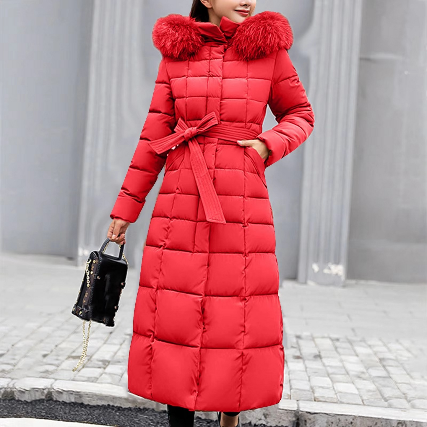 Warm Women's Down Puffer Coat with Faux Fur Hood