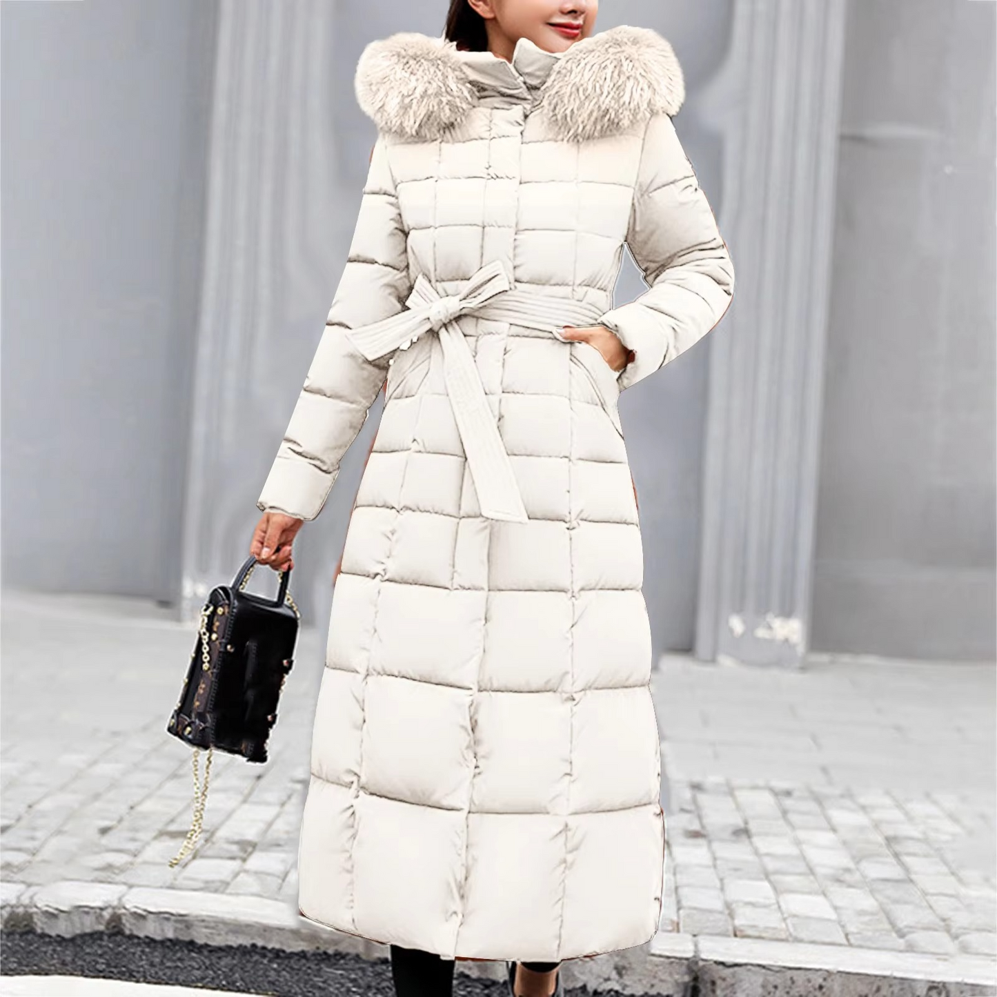 Warm Women's Down Puffer Coat with Faux Fur Hood