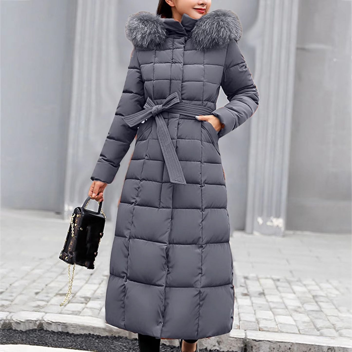 Warm Women's Down Puffer Coat with Faux Fur Hood