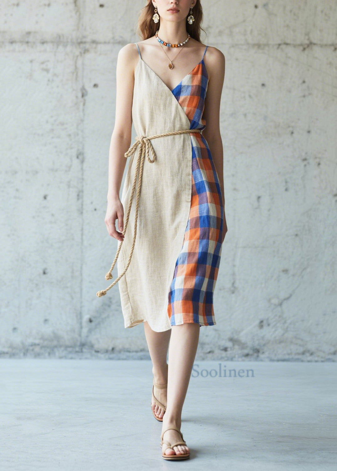 Women's Linen Cami Midi Dress Breathable Asymmetric - OutfitLondon
