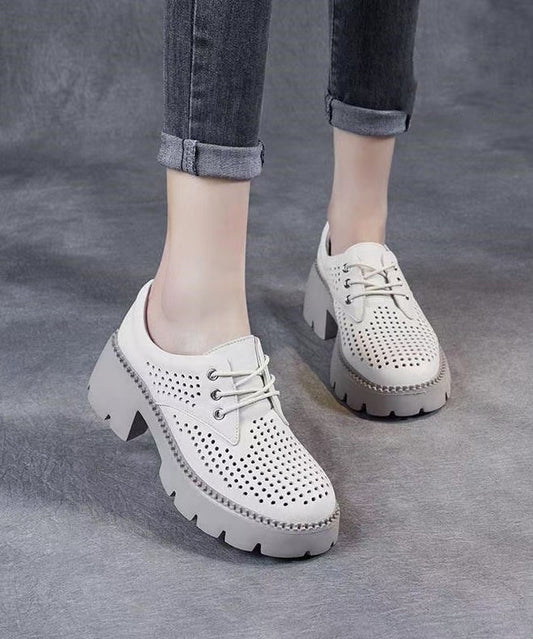 Women's Beige Chunky Heel Casual Shoes Perforated Lace Rubber Sole - OutfitLondon