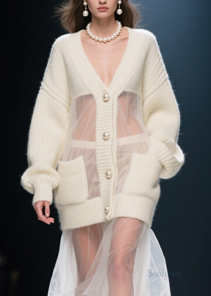 Women's Beige V Neck Cardigan Knit Tulle Autumn - OutfitLondon