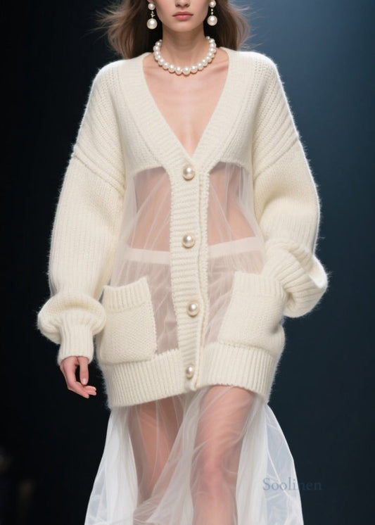 Women's Beige V Neck Cardigan Knit Tulle Autumn - OutfitLondon