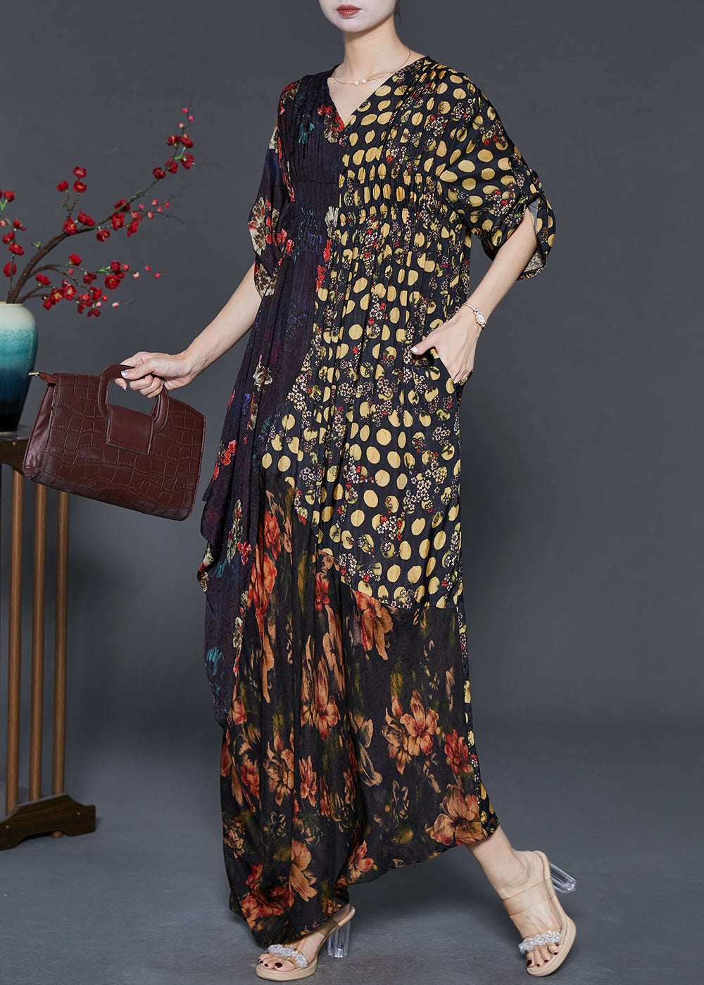 Women's Silk Maxi Dress Lightweight Asymmetrical Print - OutfitLondon