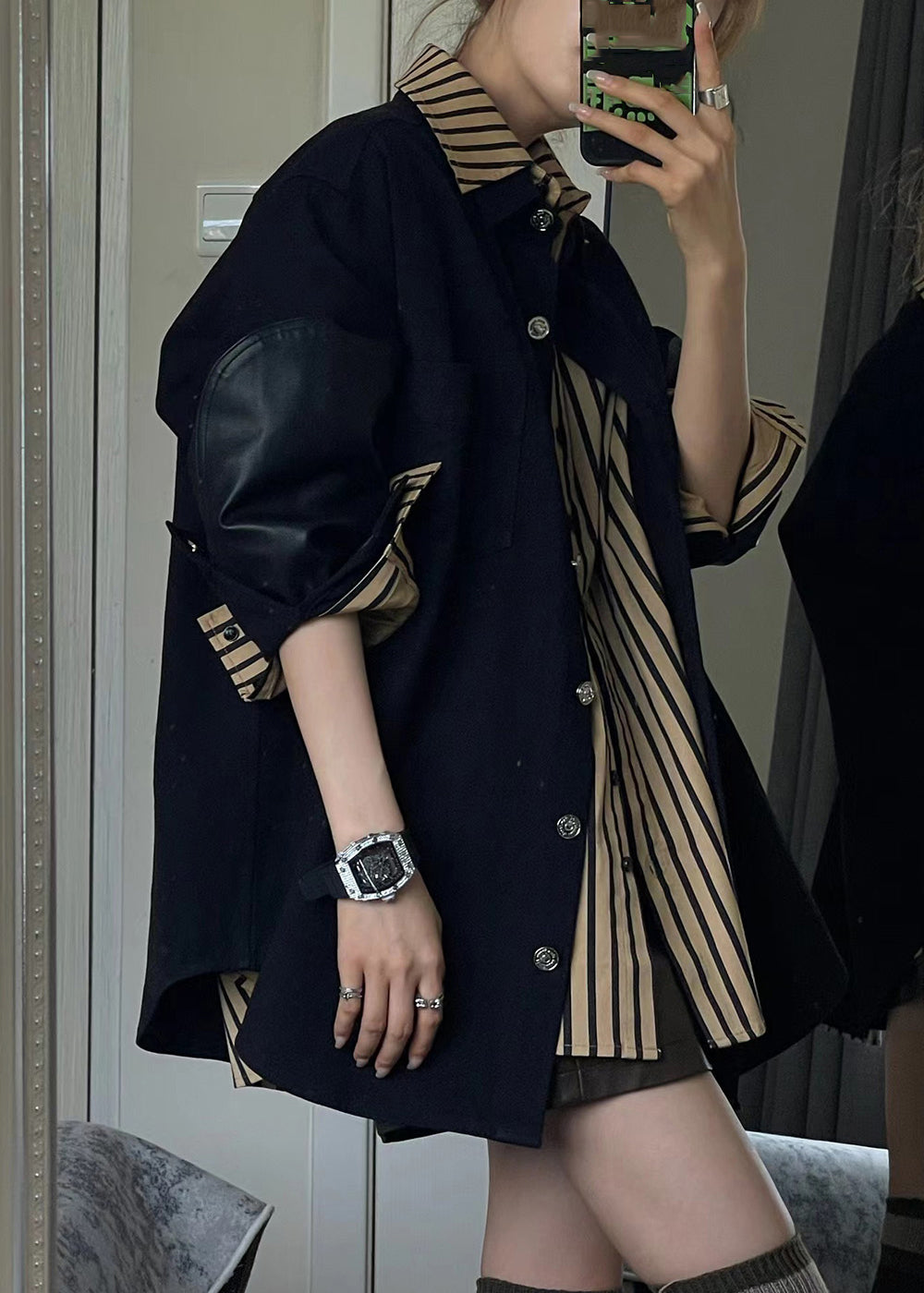 Women's Cotton Blend Two Piece Set Black Coat Striped - OutfitLondon