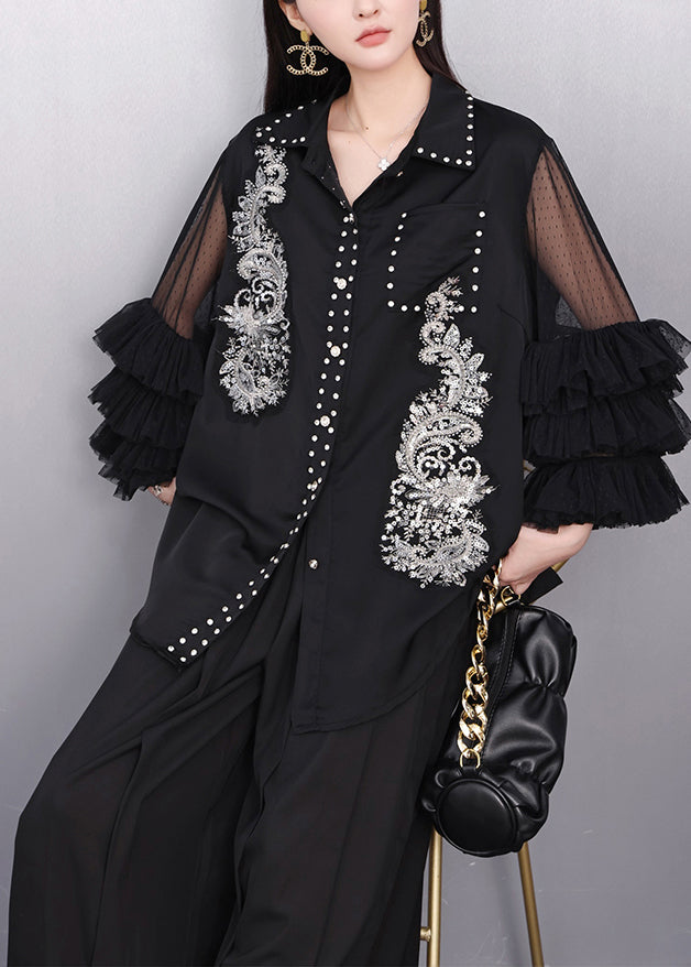 Women's Embroidered Silk Chiffon Shirt Black - OutfitLondon