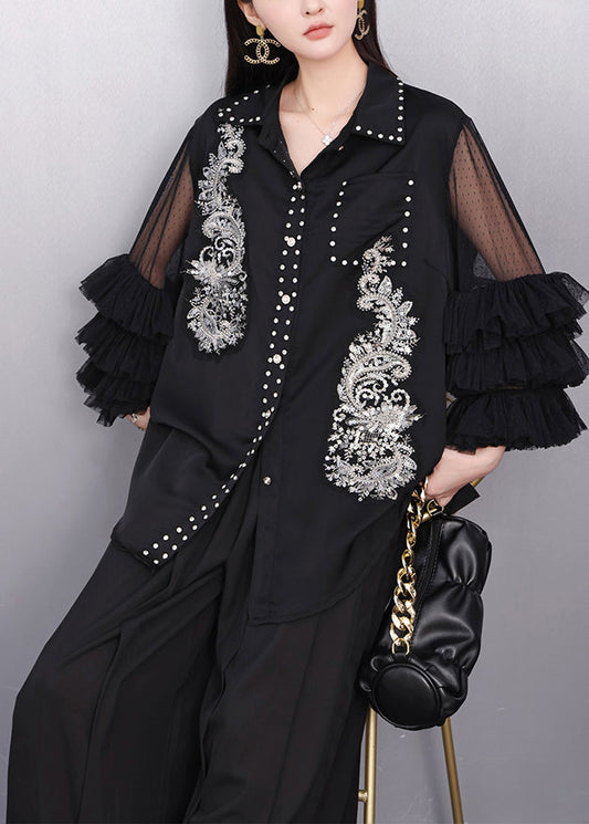 Women's Embroidered Silk Chiffon Shirt Black - OutfitLondon
