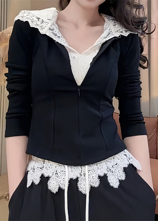 Women's Lace Hoodie And Pants Set Black Long Sleeve - OutfitLondon