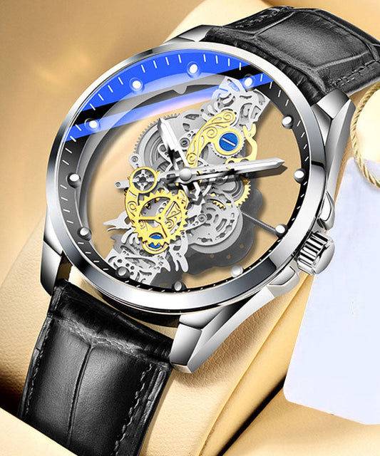 Automatic Watch Openwork Black Leather Strap Unisex - OutfitLondon