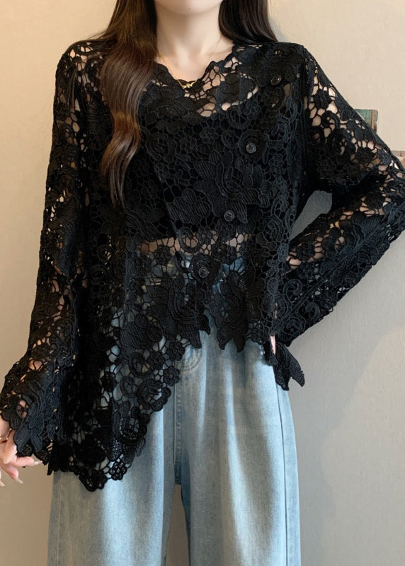 Women's Casual Coat Round Neck Asymmetric Lace UPF 50 Black - OutfitLondon